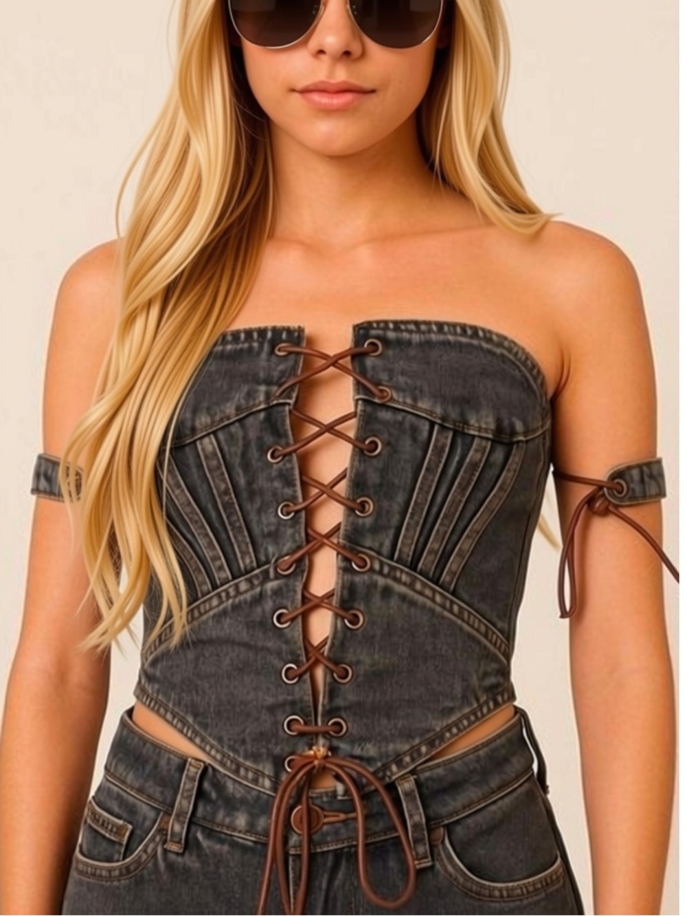 Prettylittlething Strapless Lace-Up Denim Corset Top -Size 4 Y2K Grunge